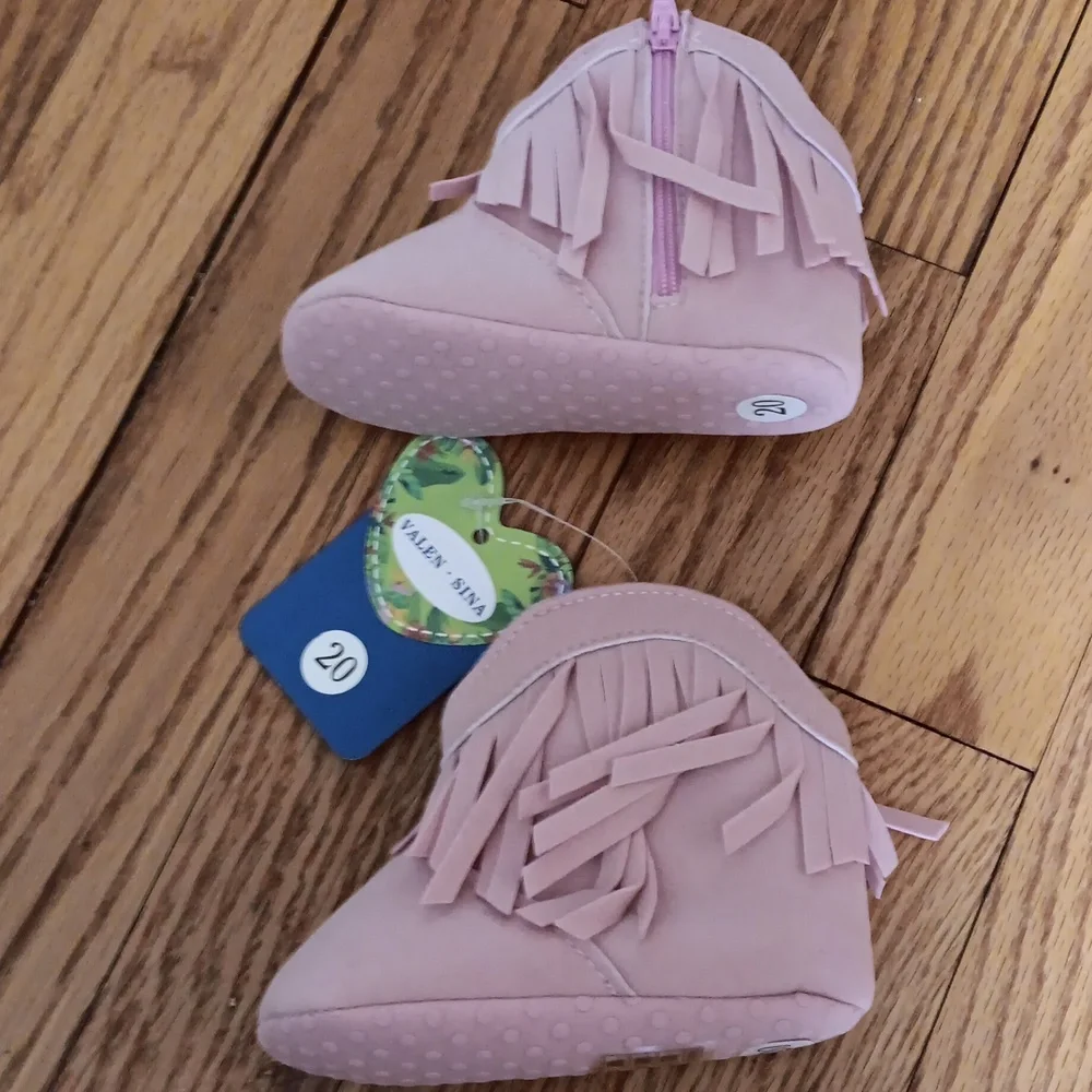 Suede-Look Pink Fringed Zip Baby Booties